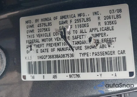 2008 Honda Accord 3.5 Ex-L из США, поврежденный, VIN 1HGCP36838A087536